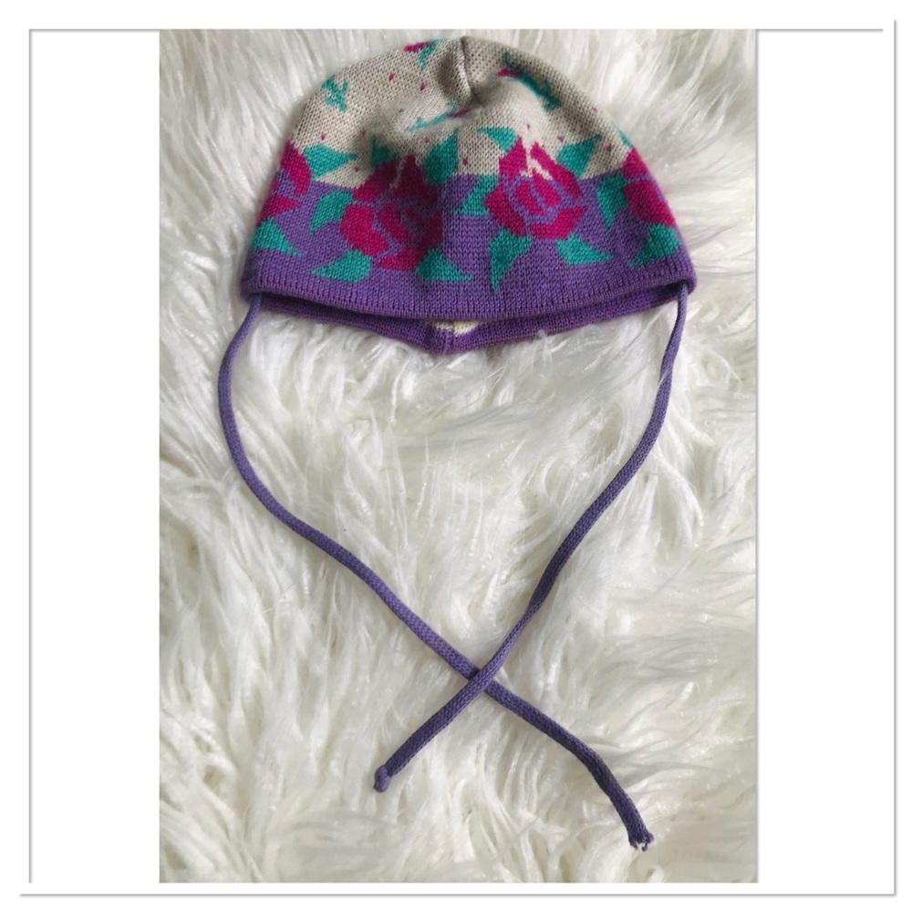 Hanna Andersson Vintage Knit Beanie Hat Rose Graphic Wool Purple Size Medium